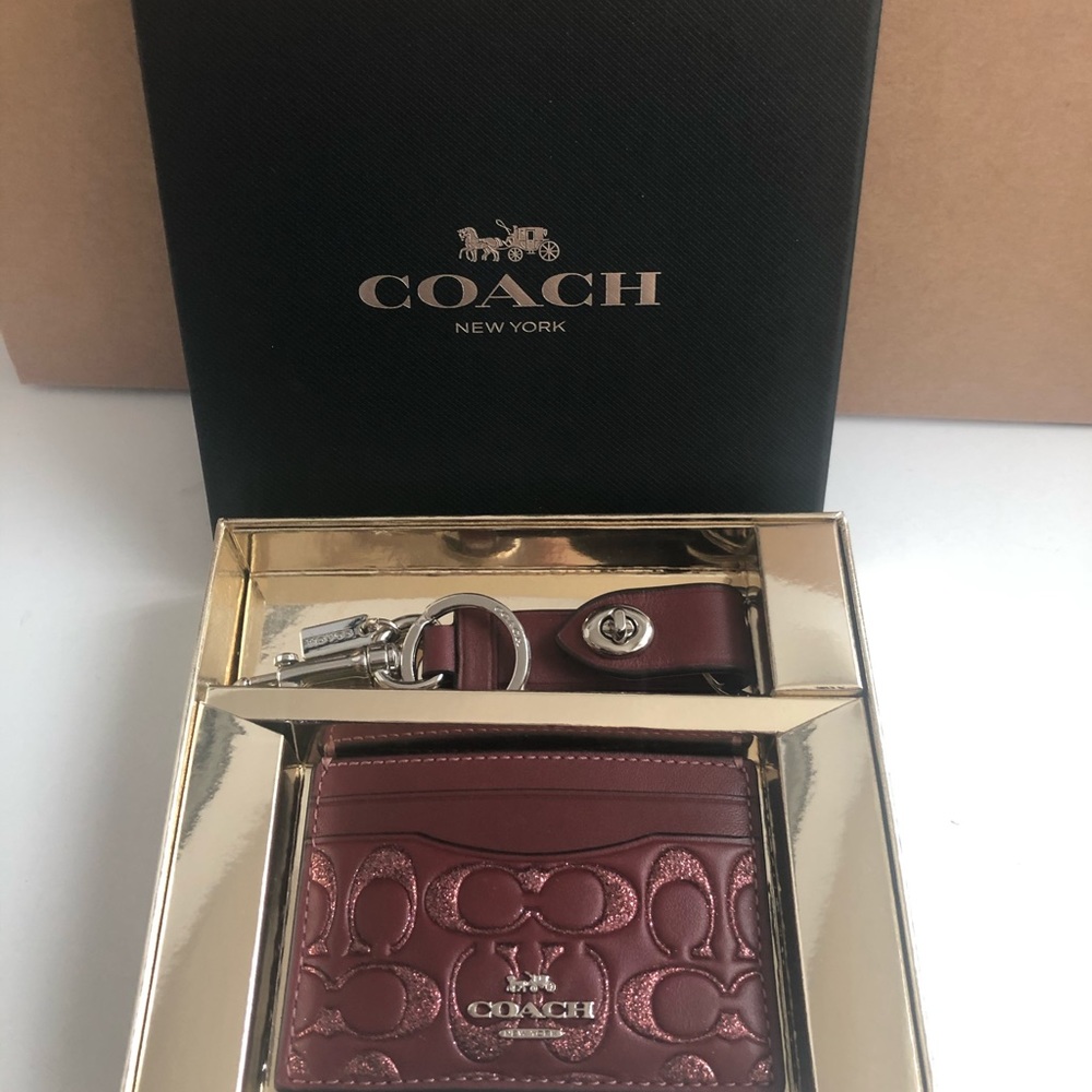 Coach Wine Color Card case and Key Ring NWT Box